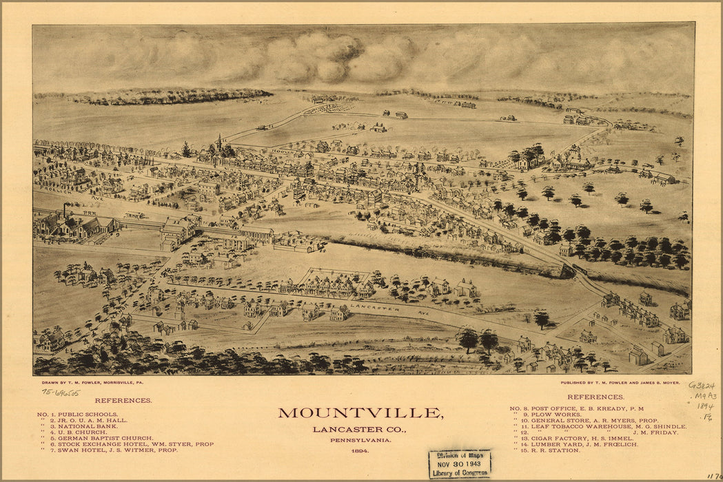 24"x36" Gallery Poster, map of Mountville, Lancaster Co Pennsylvania 1894