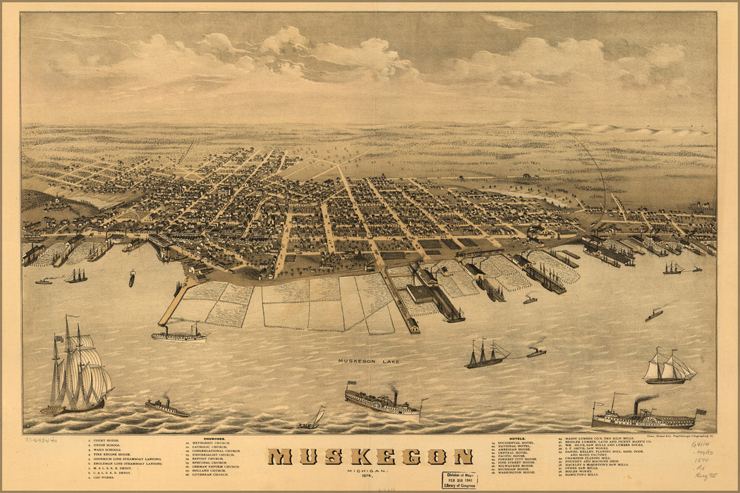 24"x36" Gallery Poster, map of Muskegon, Michigan 1874