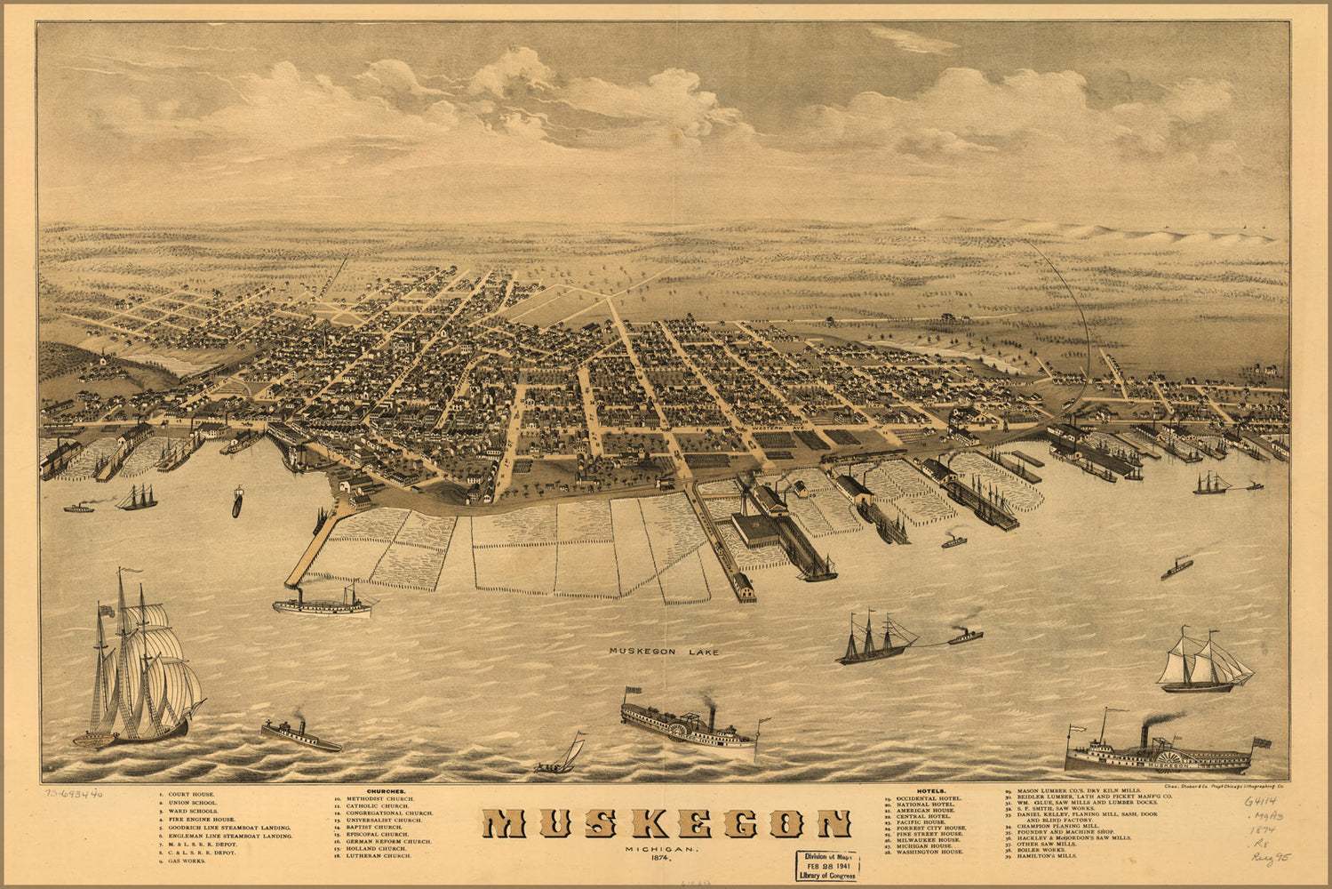 24"x36" Gallery Poster, map of Muskegon, Michigan 1874