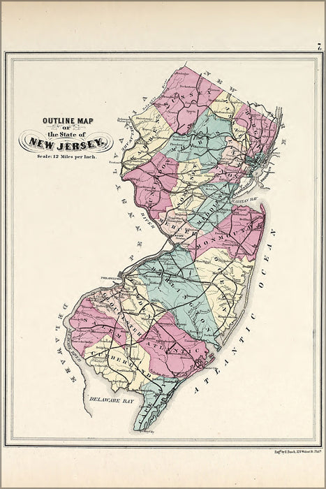 24"x36" Gallery Poster, map of NEW JERSEY 1873