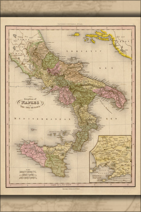 24"x36" Gallery Poster, map of Naples eg. southern italy 1844