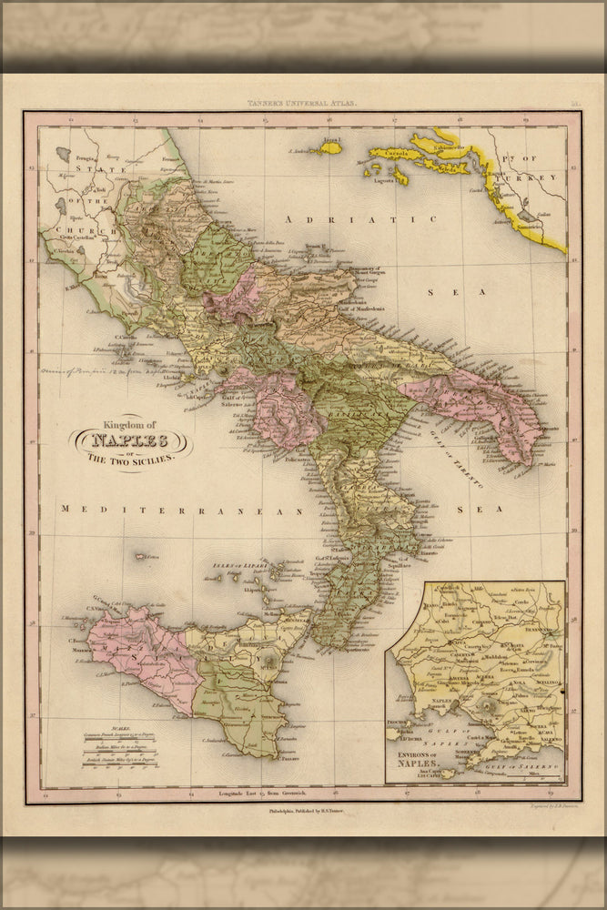24"x36" Gallery Poster, map of Naples eg. southern italy 1844