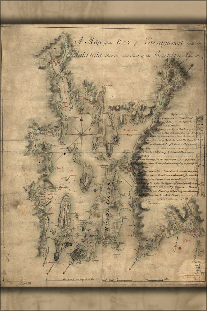 24"x36" Gallery Poster, map of Narraganset bay rhode island 1777