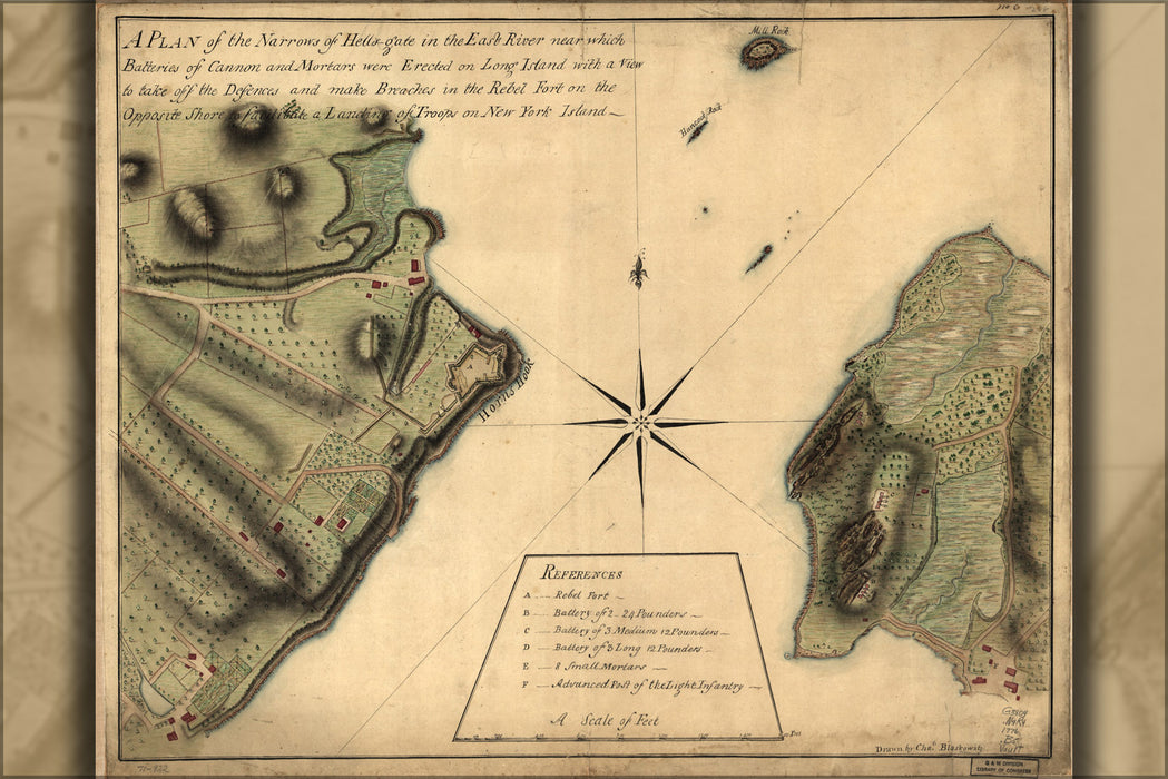 24"x36" Gallery Poster, map of Narrows of Hells gate East River 1776