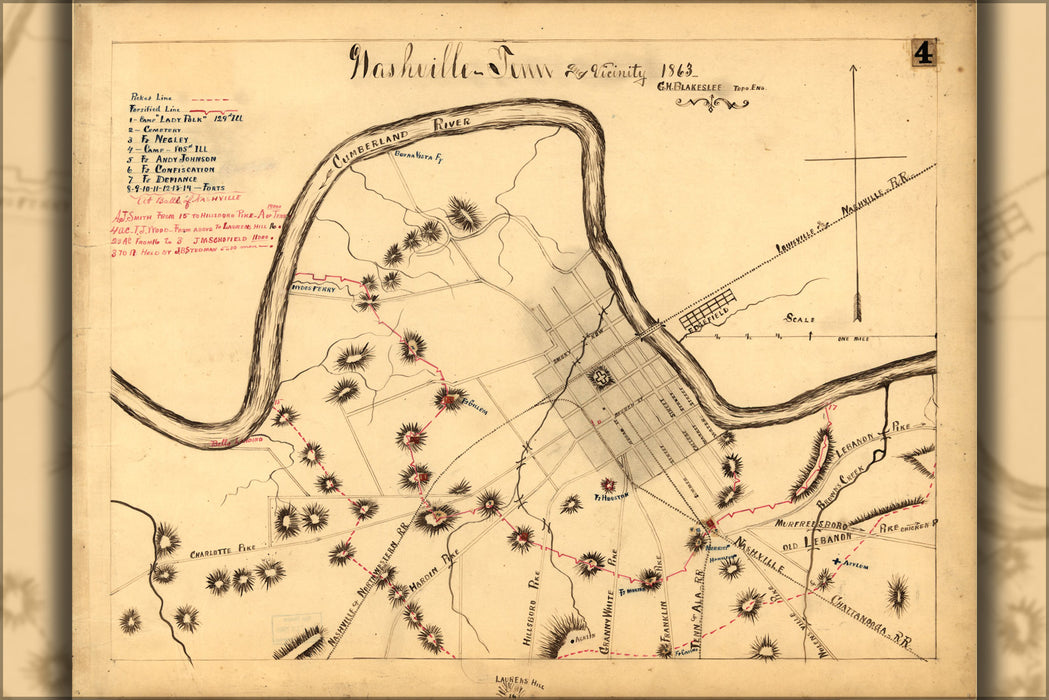 24"x36" Gallery Poster, map of Nashville Tennessee and vicinity 1863