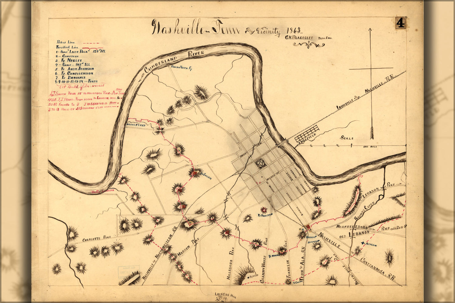 24"x36" Gallery Poster, map of Nashville Tennessee and vicinity 1863