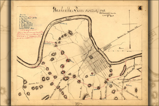 24"x36" Gallery Poster, map of Nashville Tennessee and vicinity 1863
