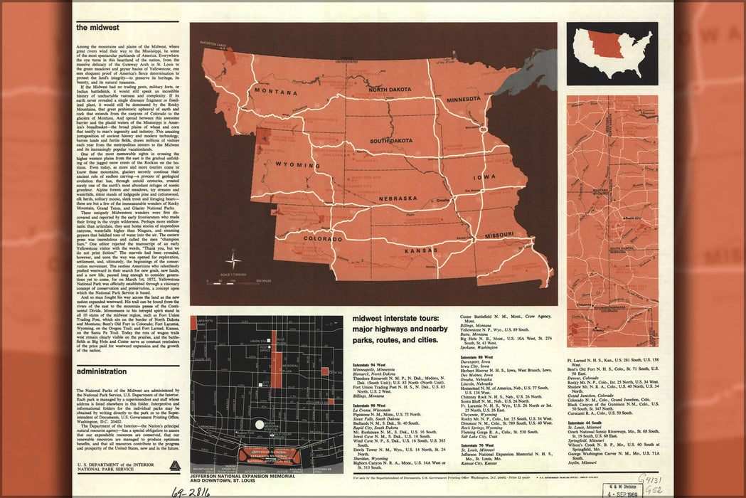 24"x36" Gallery Poster, map of National parks of the Midwest 1968