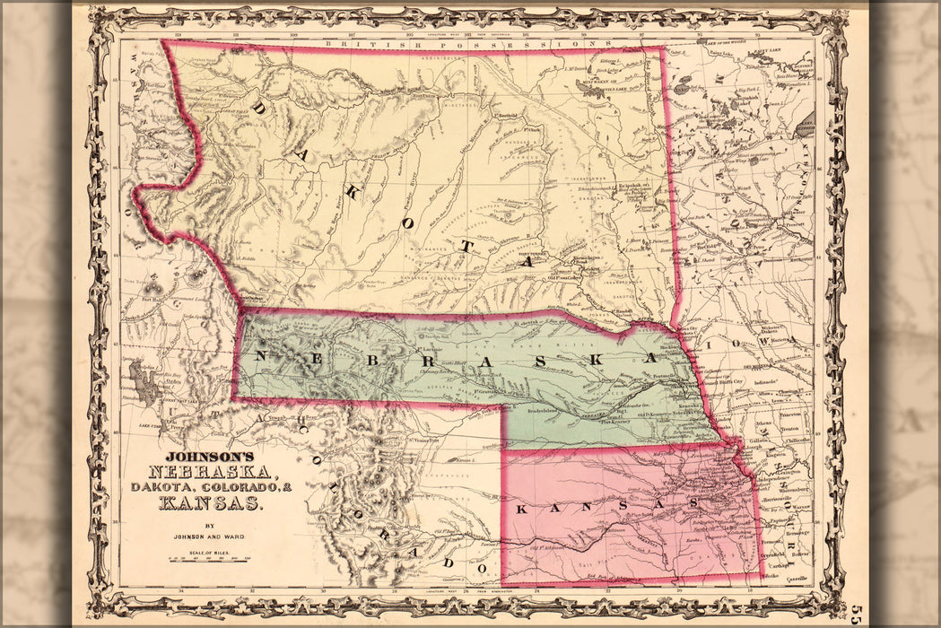 24"x36" Gallery Poster, map of Nebraska, Dakota, Colorado, & Kansas 1862