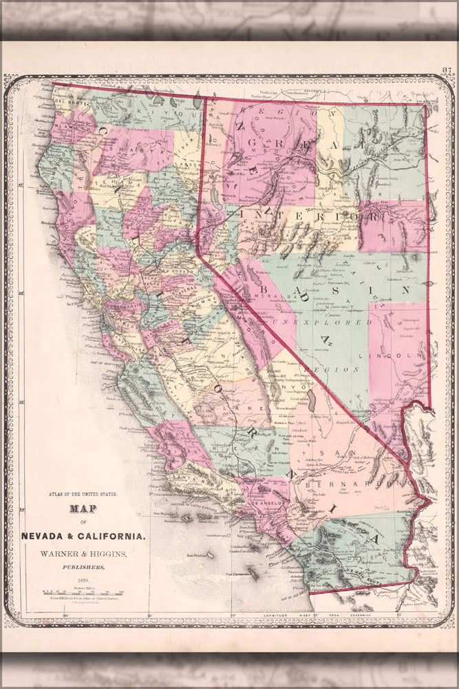 24"x36" Gallery Poster, map of Nevada & California 1870