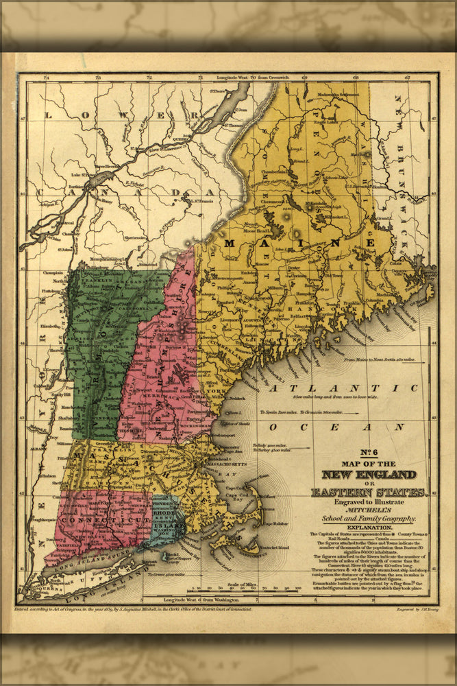 24"x36" Gallery Poster, map of New England massachusetts maine 1839