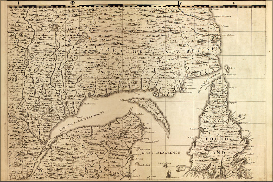 24"x36" Gallery Poster, map of New Foundland, St. Lawrence river 1733