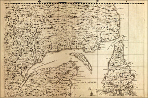24"x36" Gallery Poster, map of New Foundland, St. Lawrence river 1733