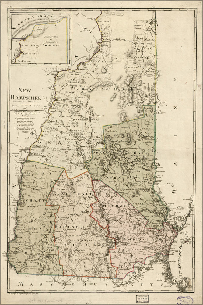 24"x36" Gallery Poster, map of New Hampshire 1796 in german & english
