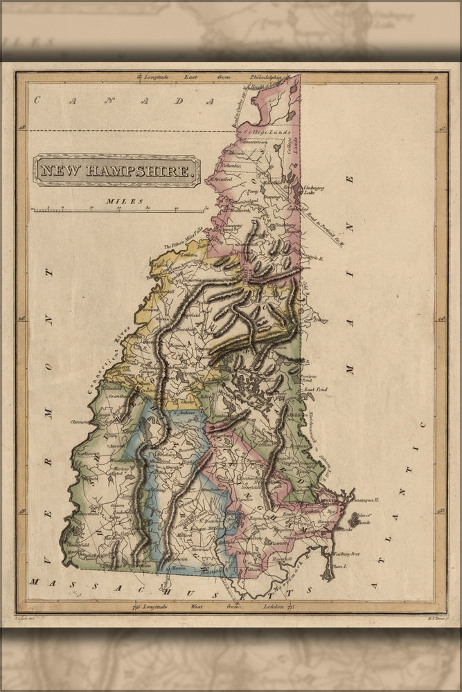 24"x36" Gallery Poster, map of New Hampshire 1817