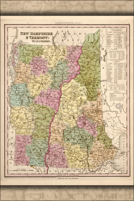 24"x36" Gallery Poster, map of New Hampshire and Vermont 1844