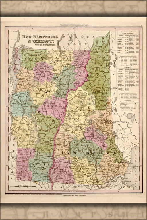 24"x36" Gallery Poster, map of New Hampshire and Vermont 1844