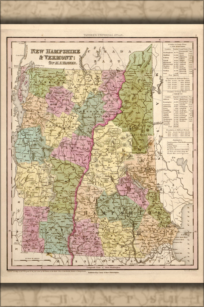 24"x36" Gallery Poster, map of New Hampshire and Vermont 1844