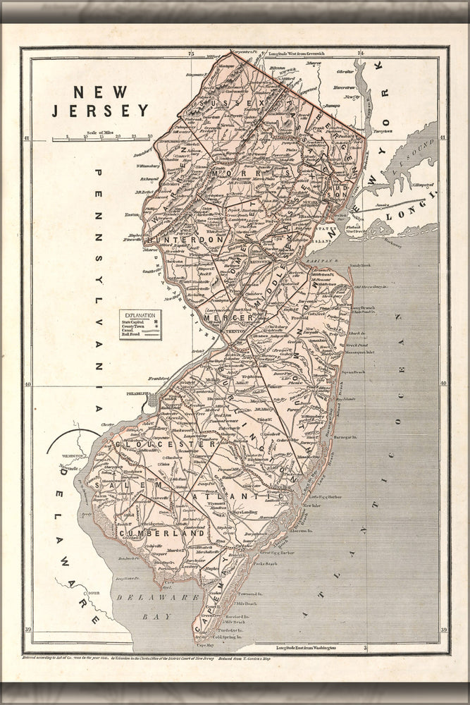 24"x36" Gallery Poster, map of New Jersey 1842