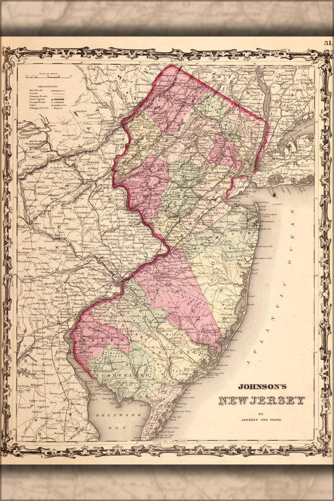 24"x36" Gallery Poster, map of New Jersey 1862