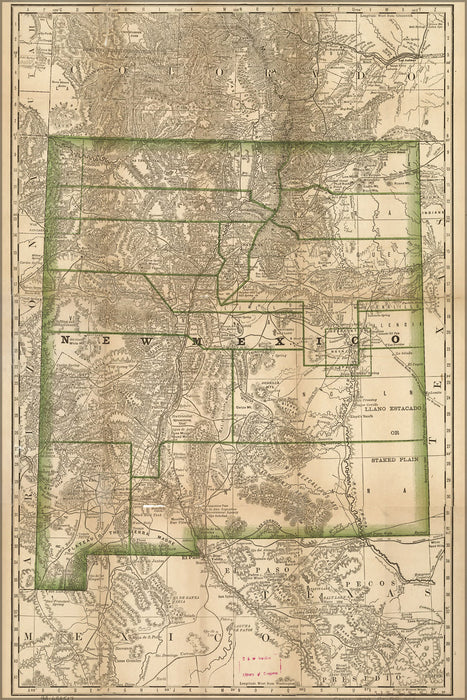 24"x36" Gallery Poster, map of New Mexico stage lines, lakes, rivers 1879