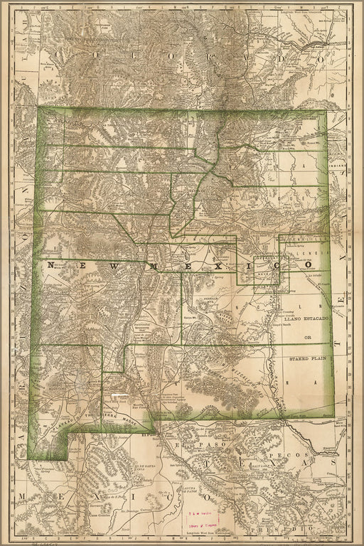 24"x36" Gallery Poster, map of New Mexico stage lines, lakes, rivers 1879