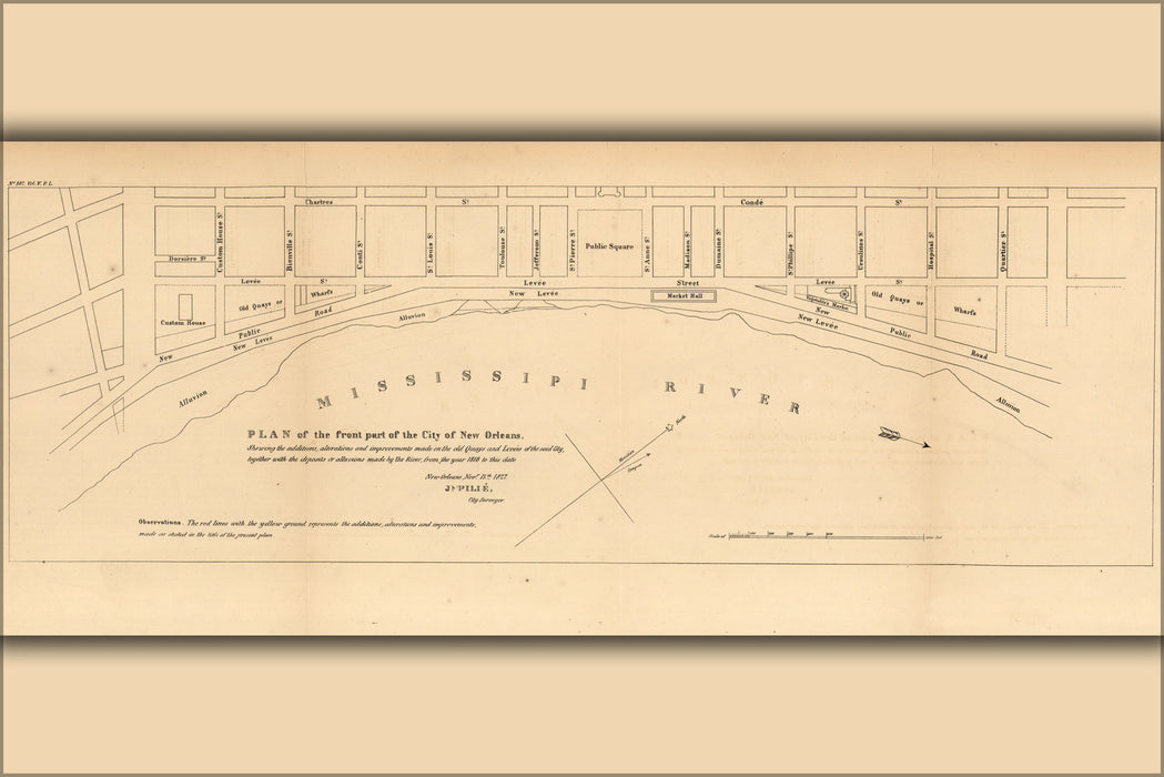 24"x36" Gallery Poster, map of New Orleans, Louisiana, 1827