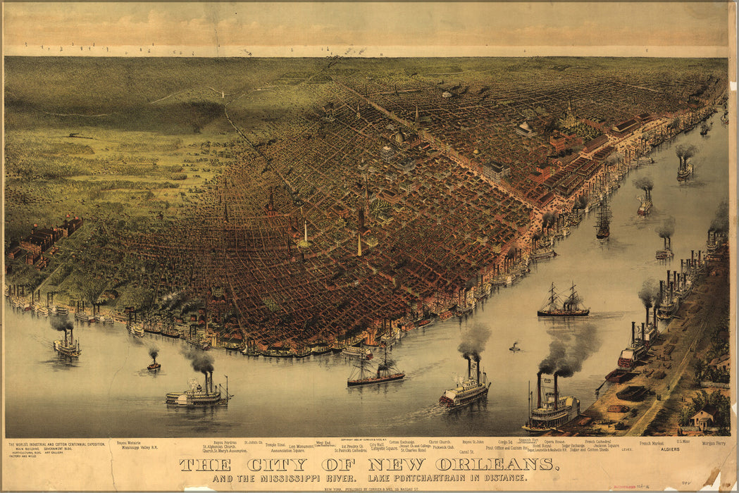 24"x36" Gallery Poster, map of New Orleans & Mississippi River 1885