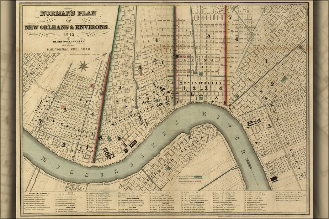 24"x36" Gallery Poster, map of New Orleans & environs, 1845