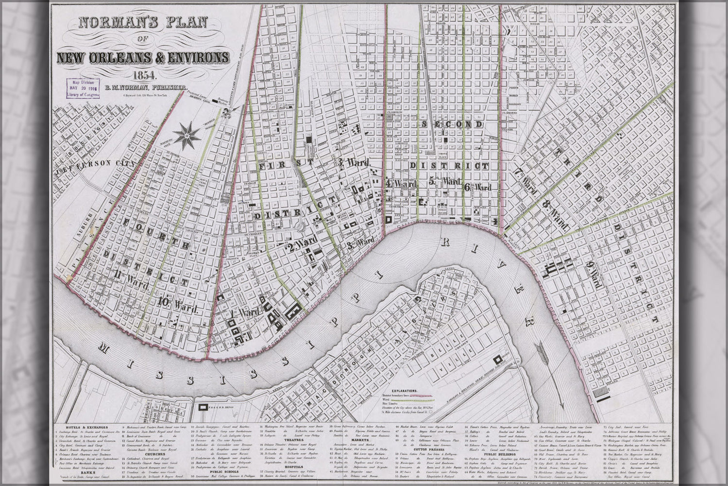 24"x36" Gallery Poster, map of New Orleans & environs, 1854