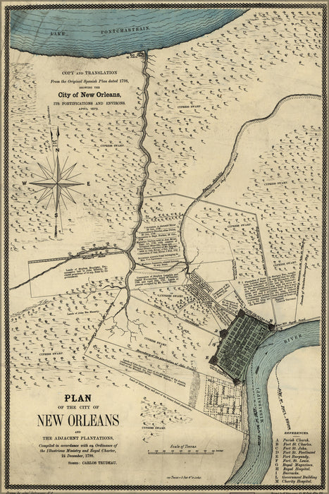 24"x36" Gallery Poster, map of New Orleans & local plantations 1875
