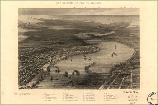 24"x36" Gallery Poster, map of New Orleans louisiana & area 1863