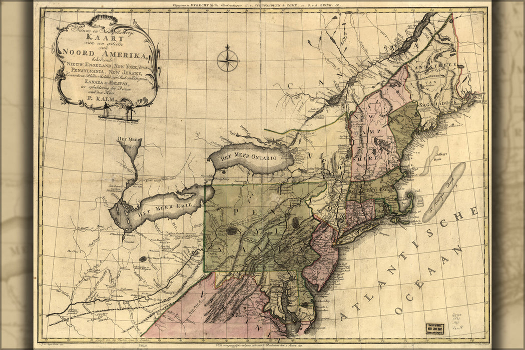 24"x36" Gallery Poster, map of New York Jersey Connecticut 1772 in dutch