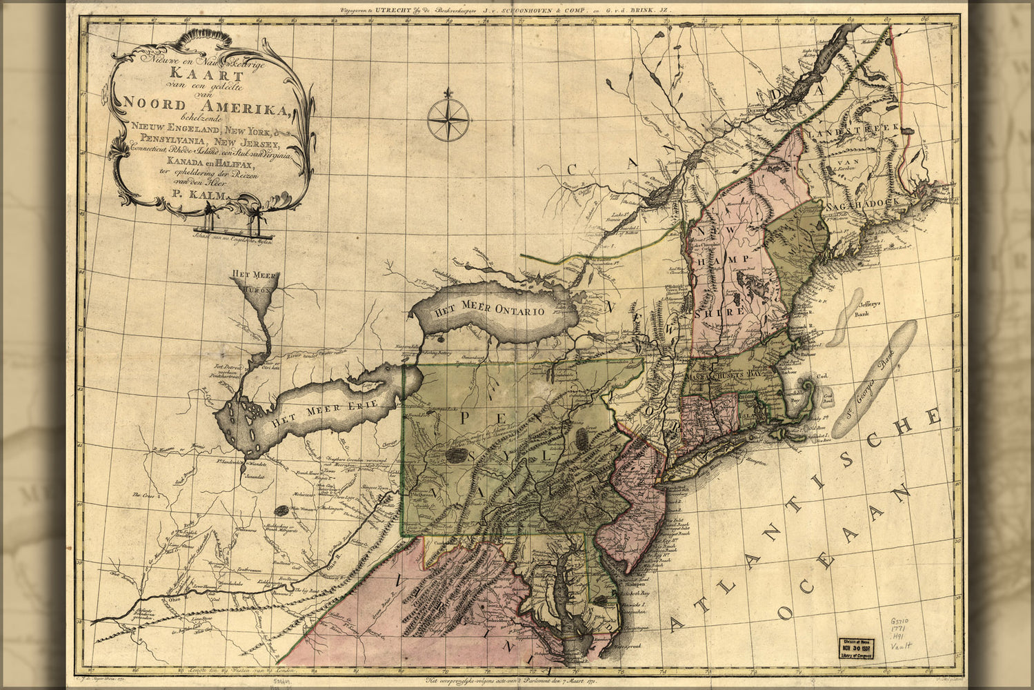 24"x36" Gallery Poster, map of New York Jersey Connecticut 1772 in dutch