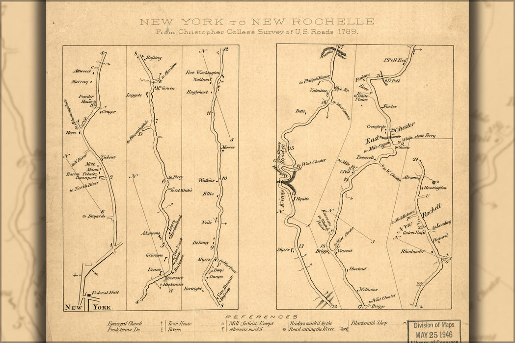24"x36" Gallery Poster, map of New York city to New Rochelle 1789