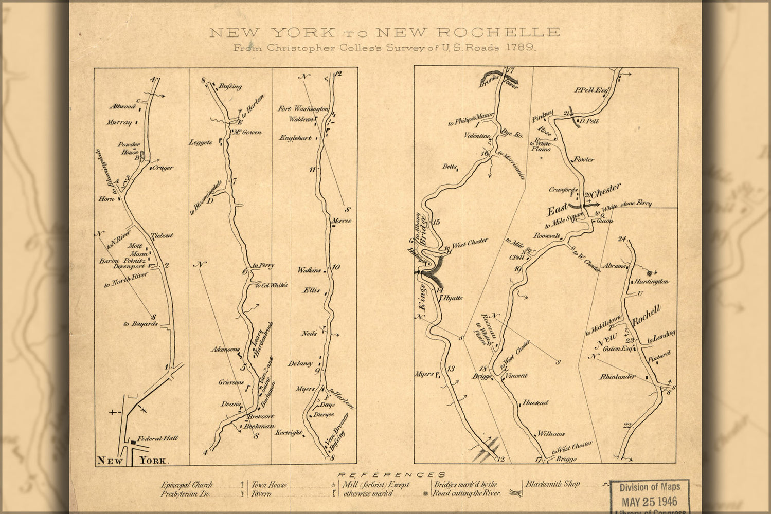 24"x36" Gallery Poster, map of New York city to New Rochelle 1789
