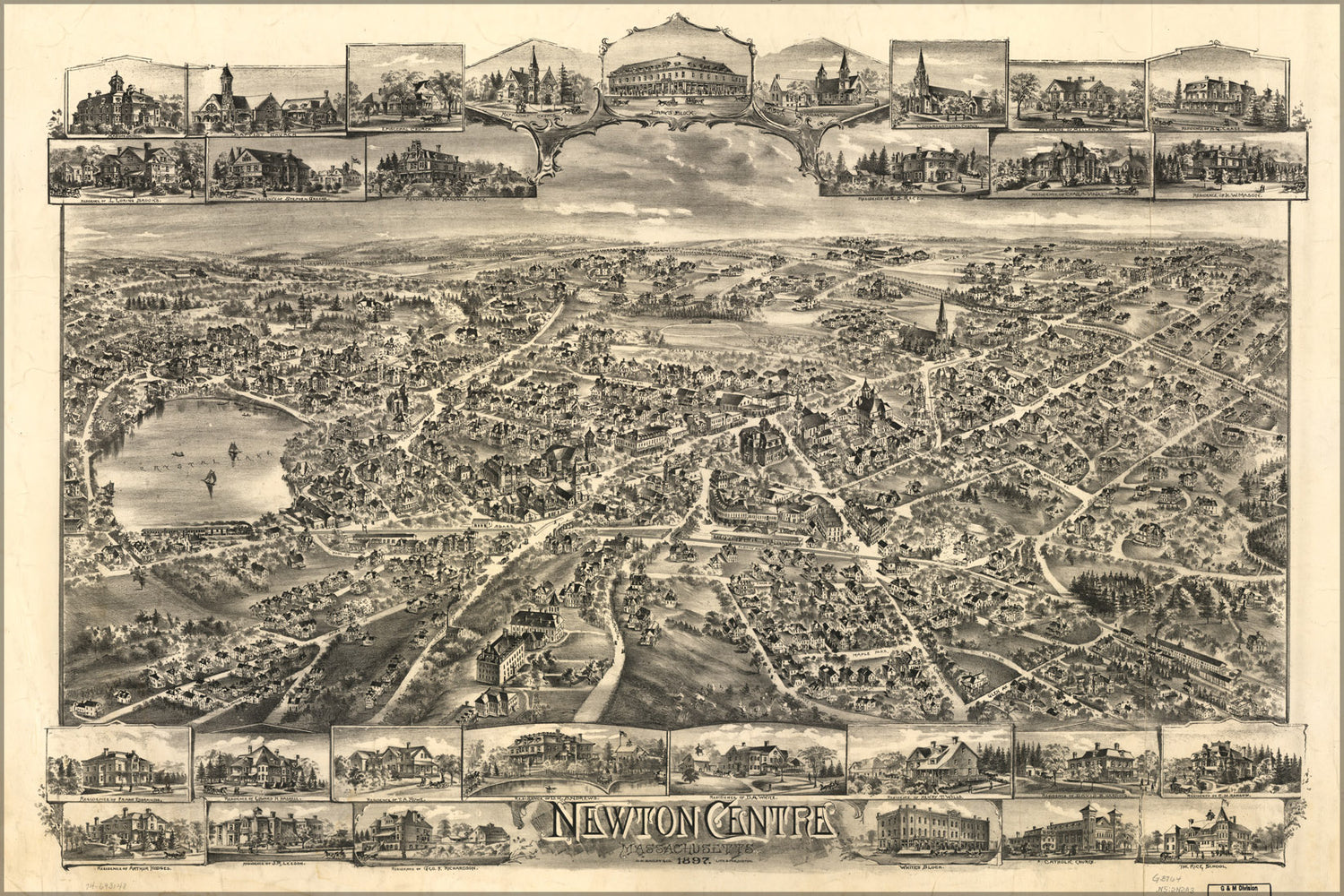 24"x36" Gallery Poster, map of Newton Centre Massachusetts 1897