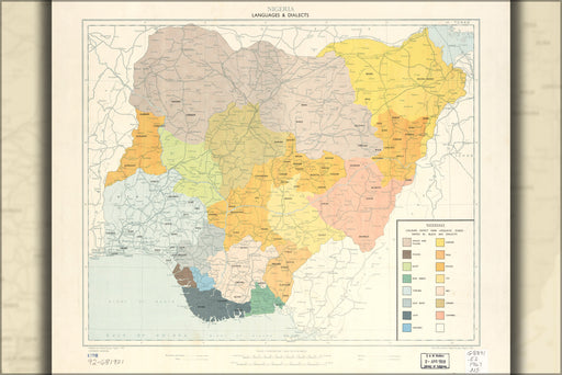 24"x36" Gallery Poster, map of Nigeria, languages & dialects 1967
