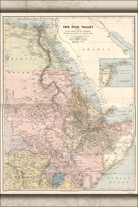 24"x36" Gallery Poster, map of Nile river Valley egypt, Nubia Uganda 1910