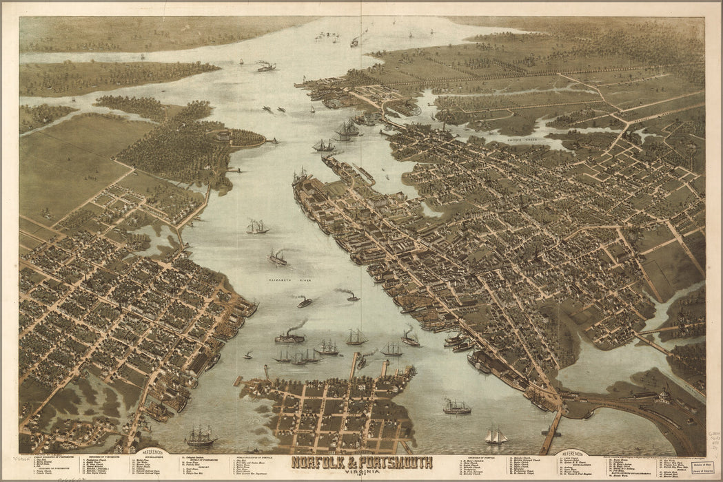 24"x36" Gallery Poster, map of Norfolk & Portsmouth, Virginia 1873
