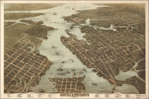 24"x36" Gallery Poster, map of Norfolk & Portsmouth, Virginia 1873