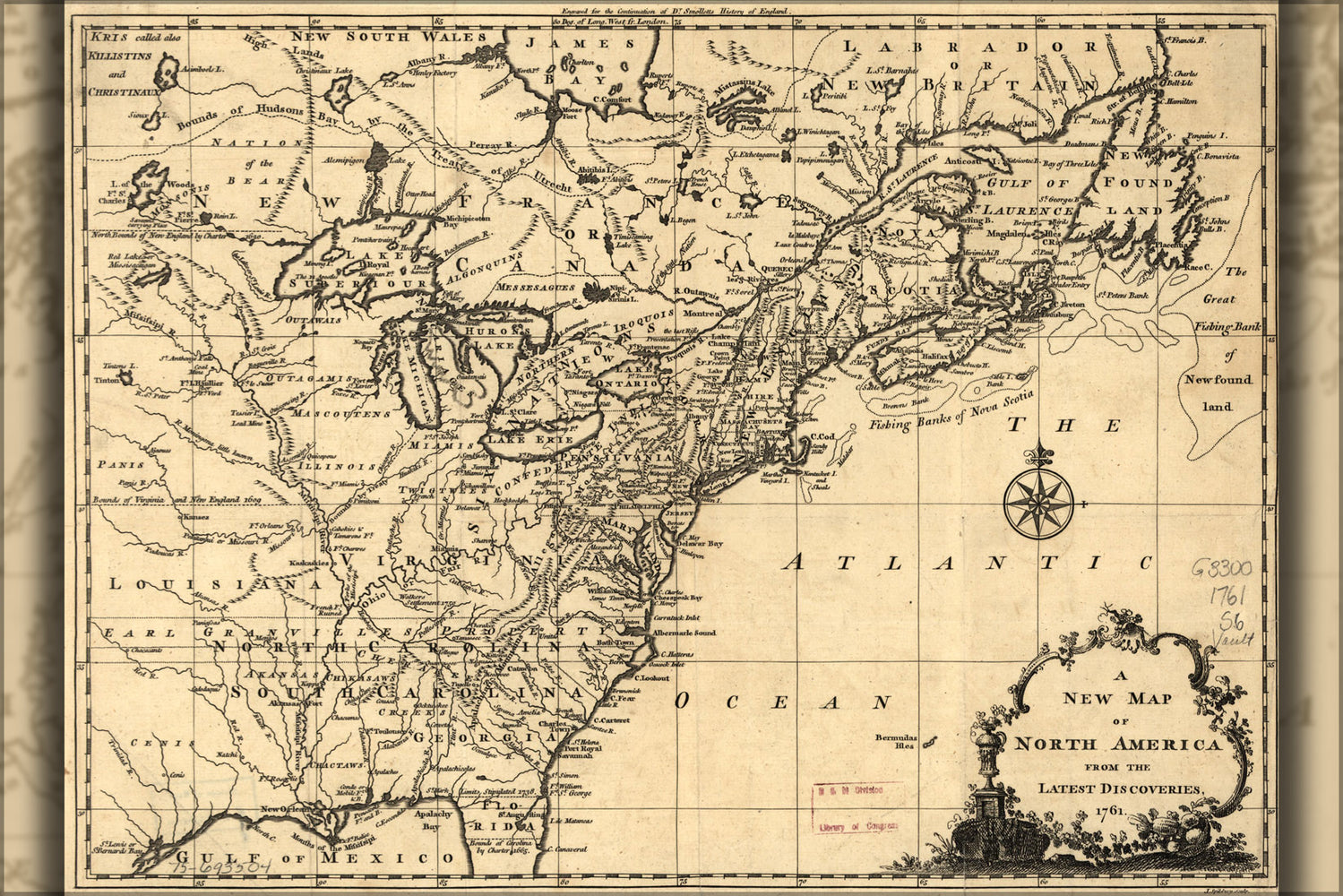 24"x36" Gallery Poster, map of North America from latest discoveries 1761