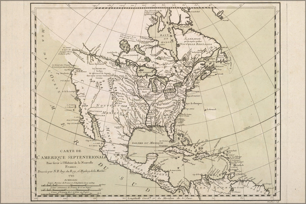 24"x36" Gallery Poster, map of North America pre united states 1743