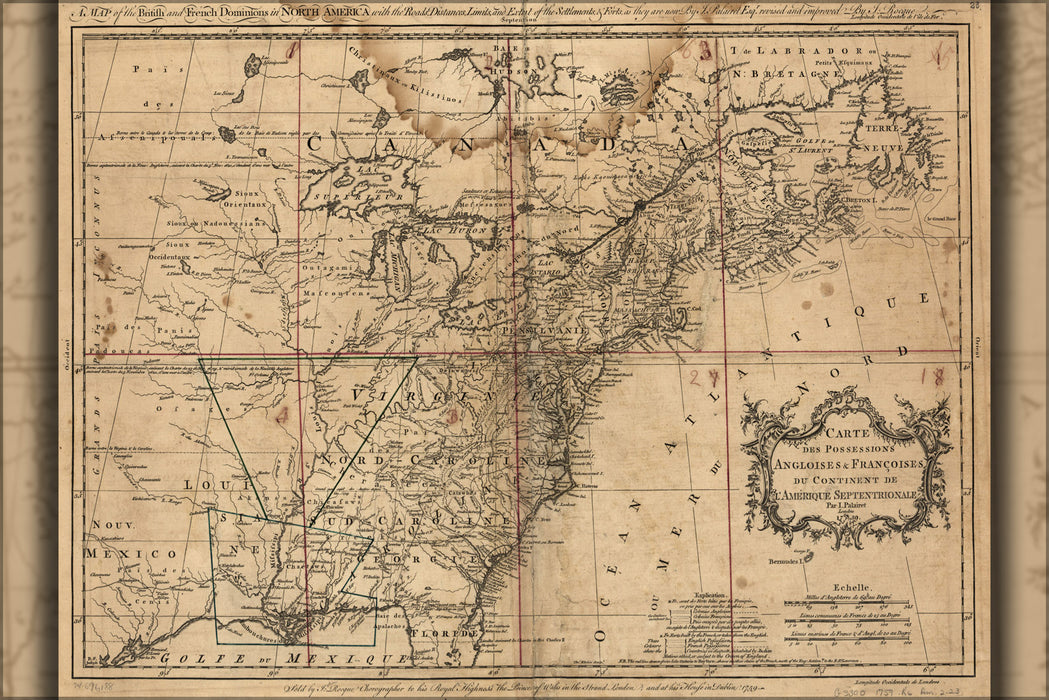 24"x36" Gallery Poster, map of North America pre united states 1759