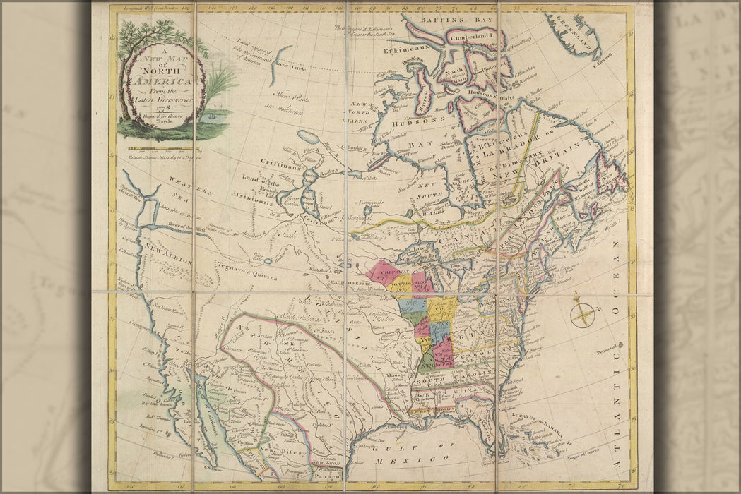 24"x36" Gallery Poster, map of North America united states 1778