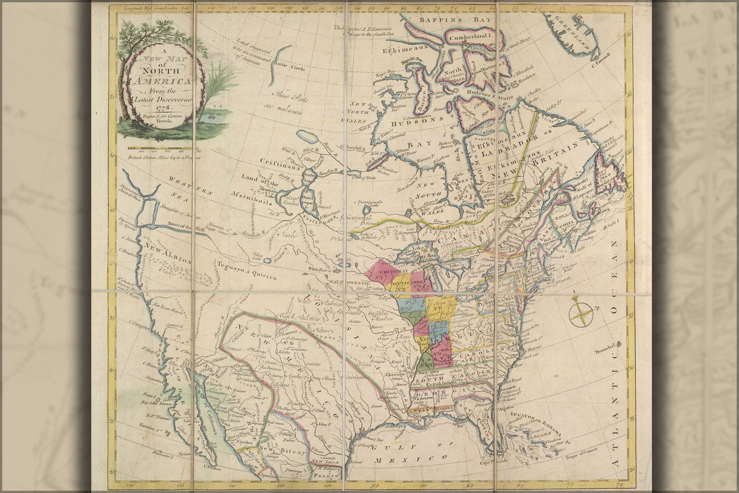 24"x36" Gallery Poster, map of North America united states 1778