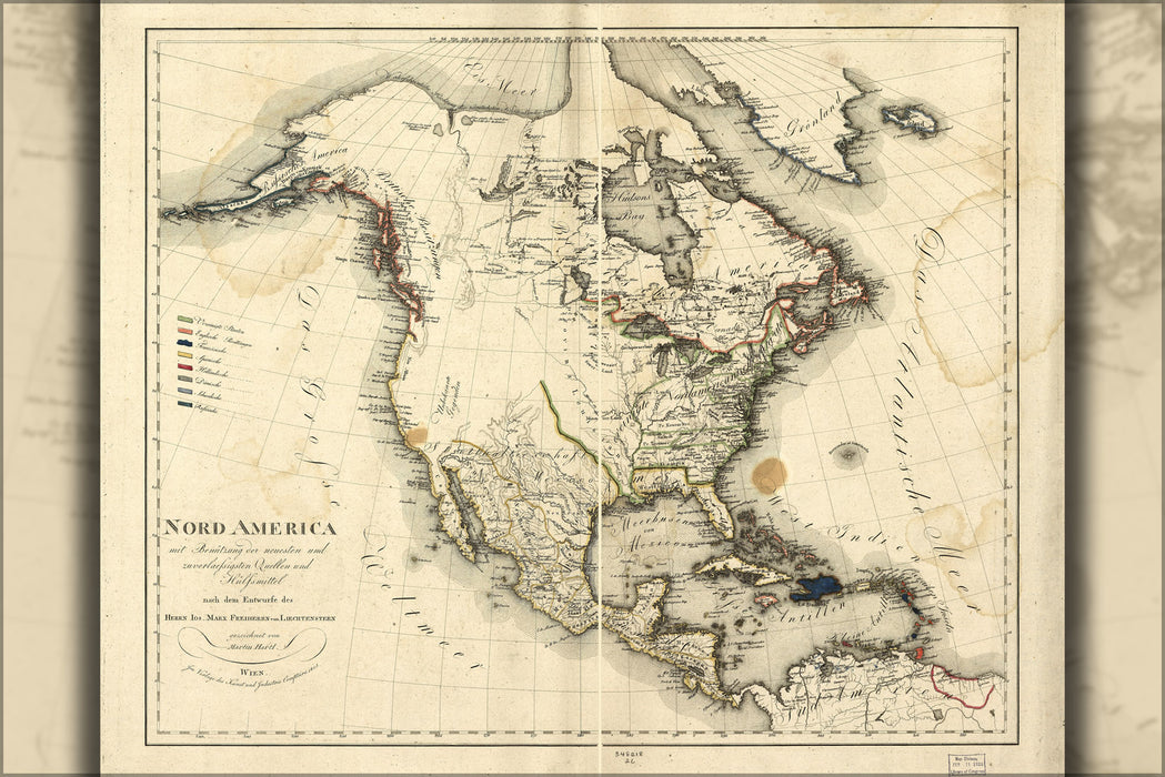 24"x36" Gallery Poster, map of North America united states in German 1805