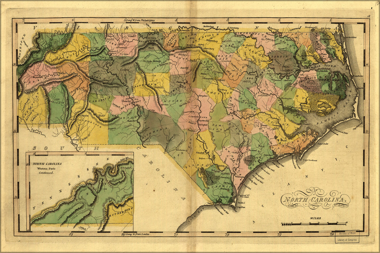 24"x36" Gallery Poster, map of North Carolina 1814