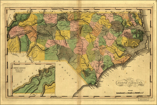 24"x36" Gallery Poster, map of North Carolina 1814