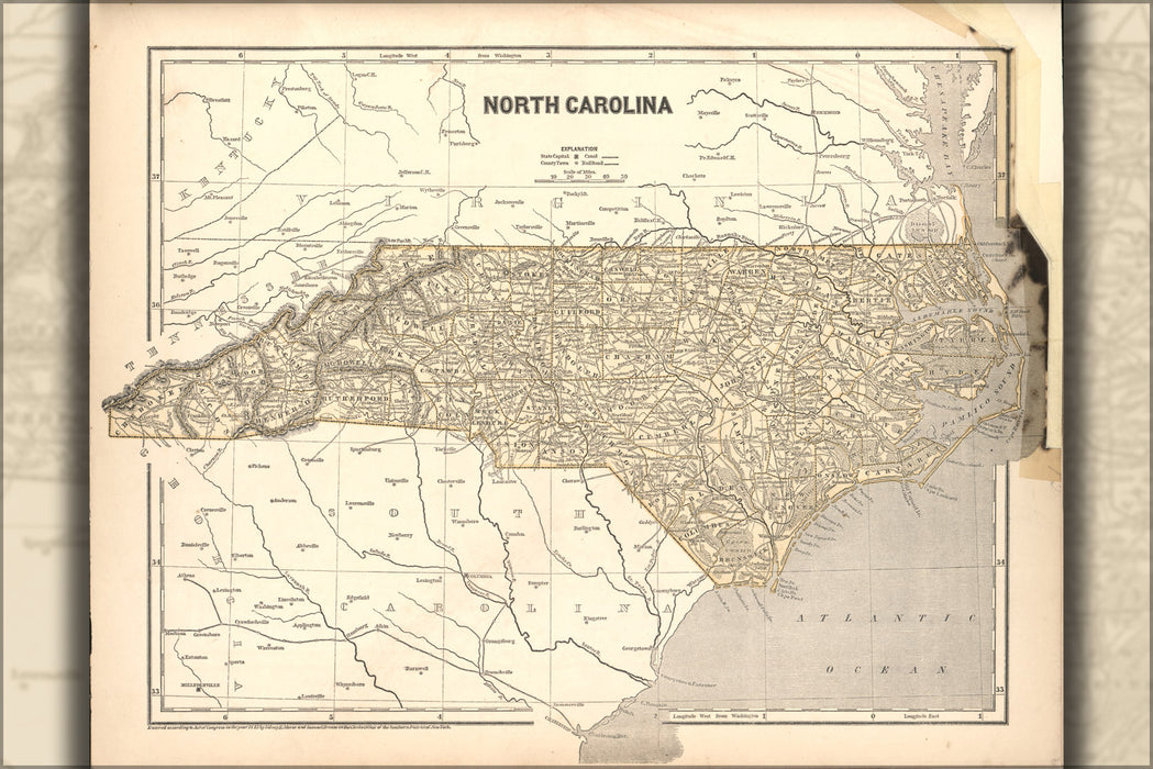 24"x36" Gallery Poster, map of North Carolina 1842